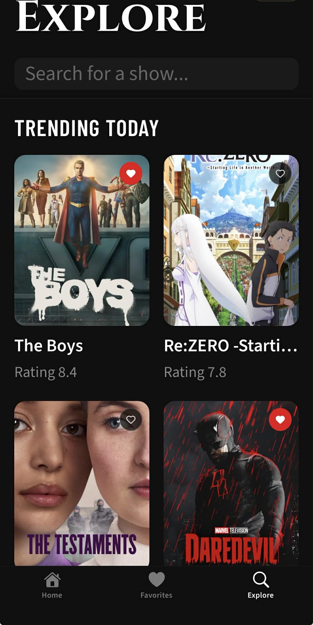 Showdrop Explore screen with search and trending shows