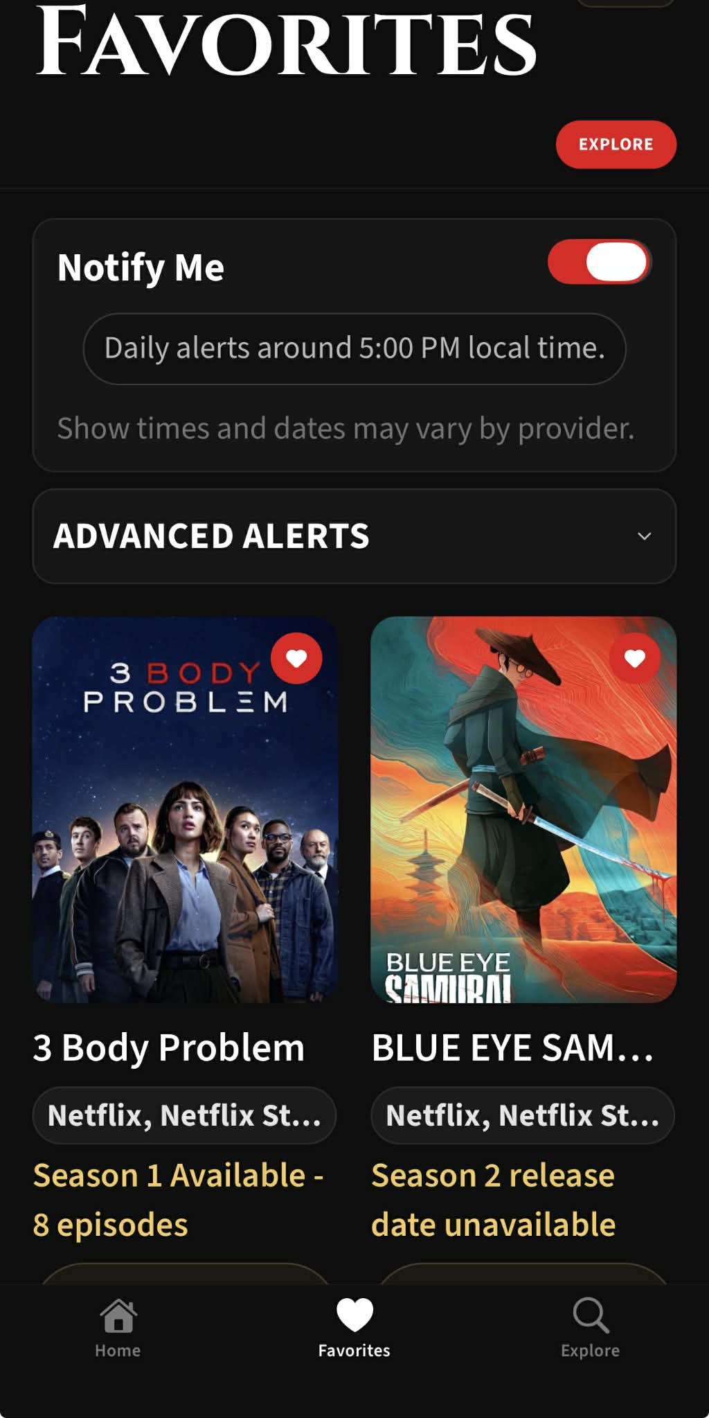 Showdrop Favorites screen with Notify Me enabled and saved shows
