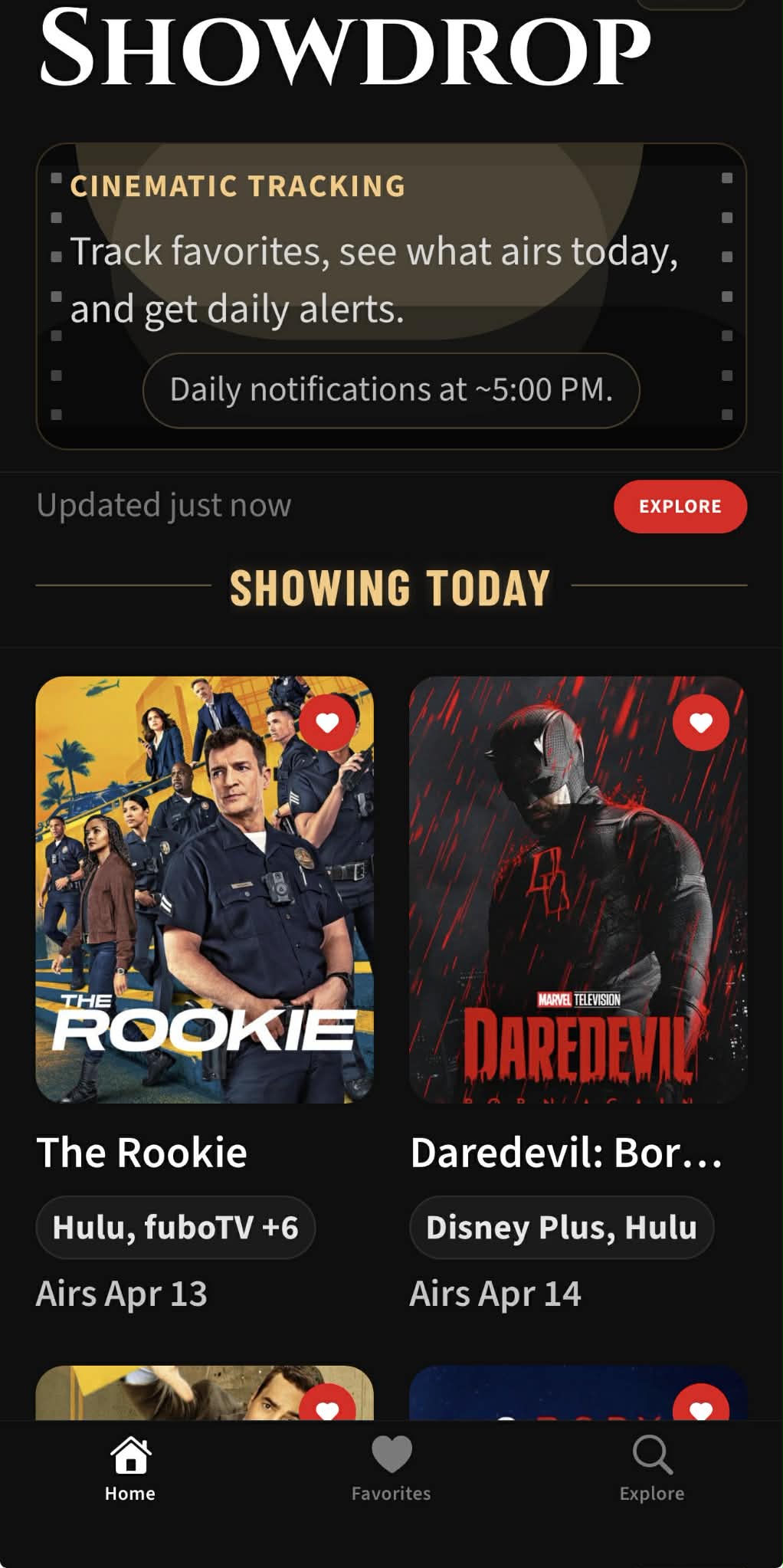 Showdrop Home screen showing tonight's airing shows