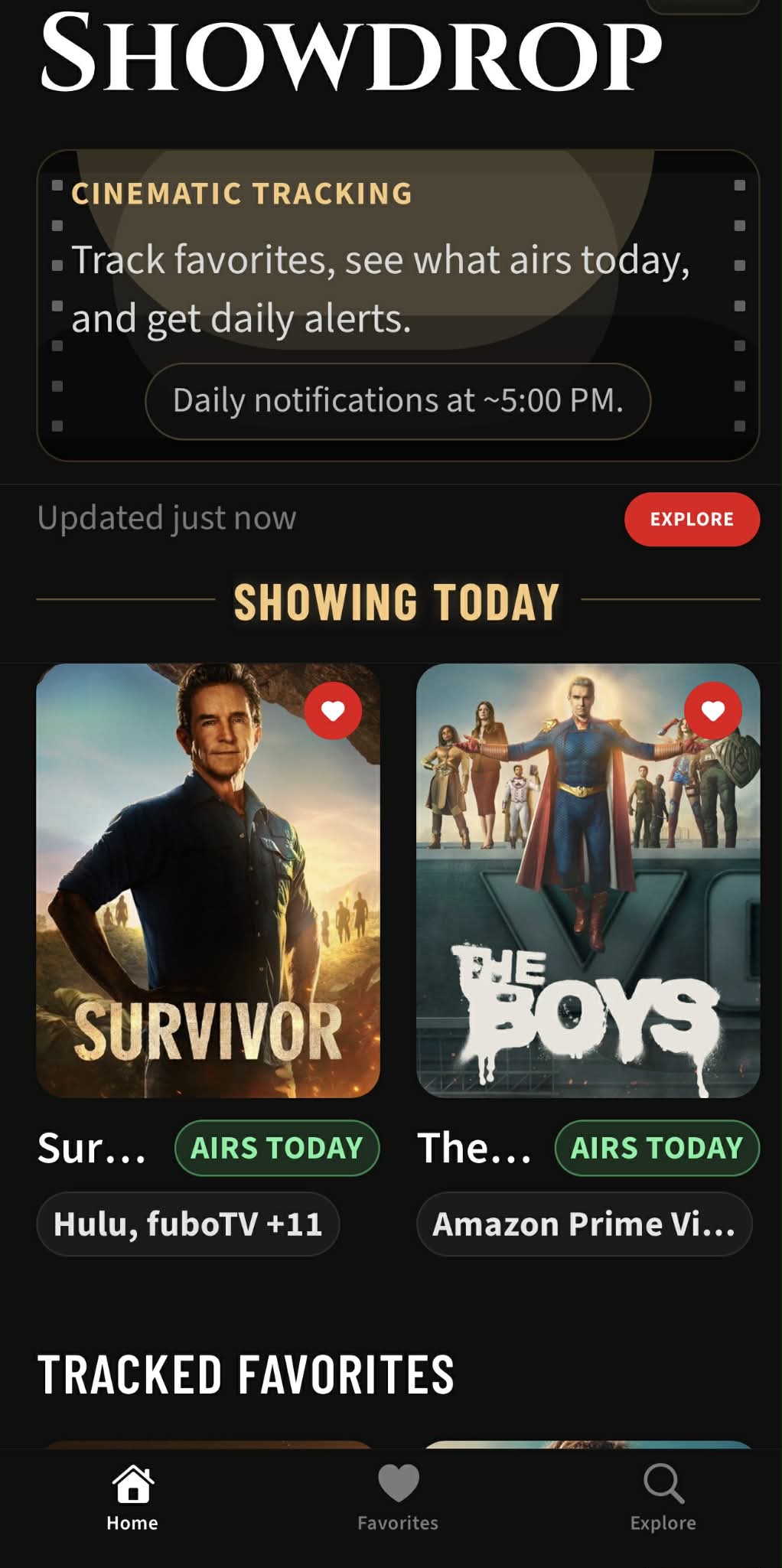 Showdrop Home screen showing daily notifications, airing today, and tracked favorites